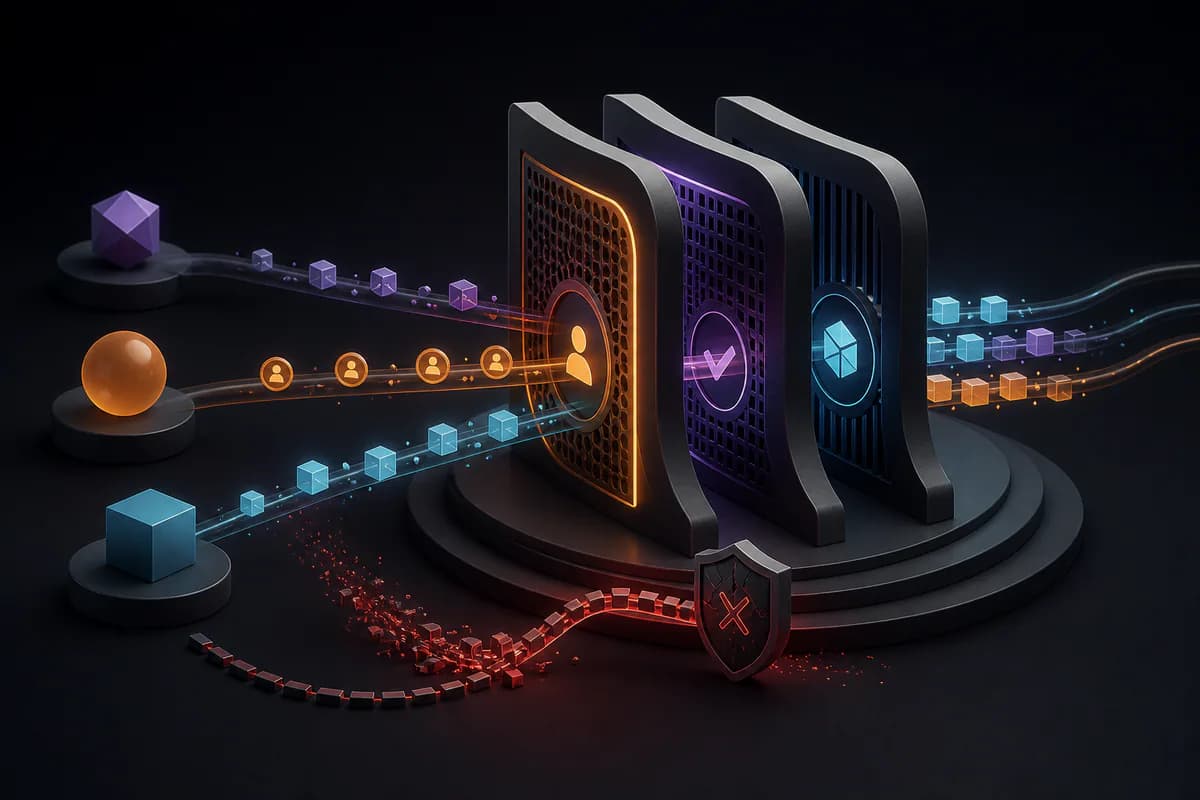 Identity tokens and data packets pass through protected API authorization gateways