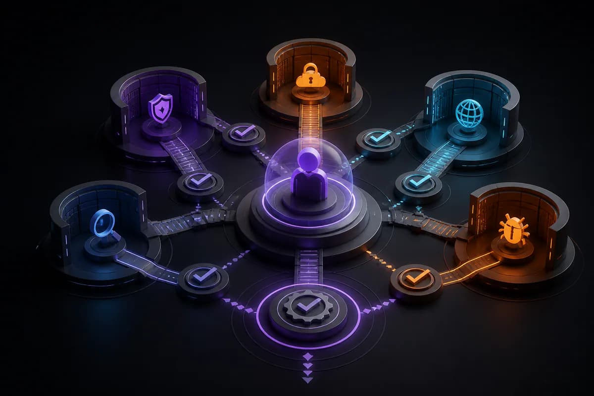 A learner progresses through modular cybersecurity scenarios and knowledge checkpoints