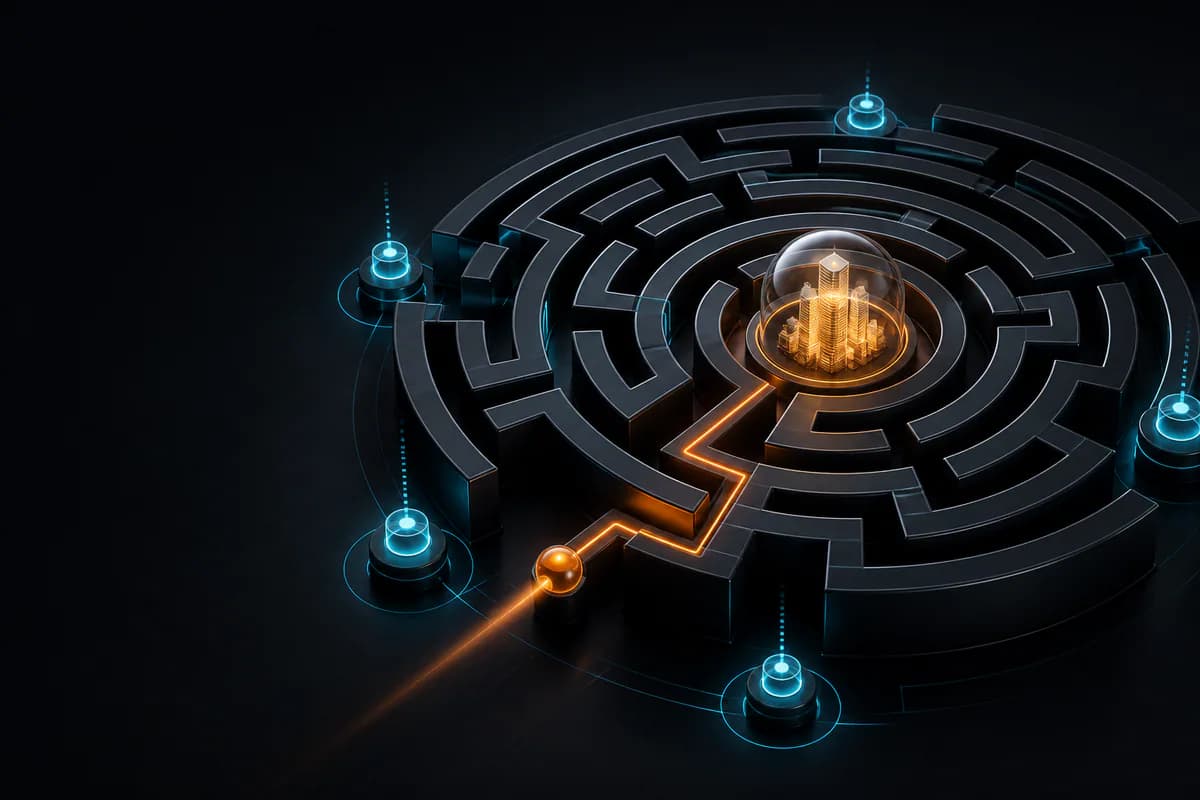 A controlled penetration-test probe navigates a security labyrinth toward a protected core