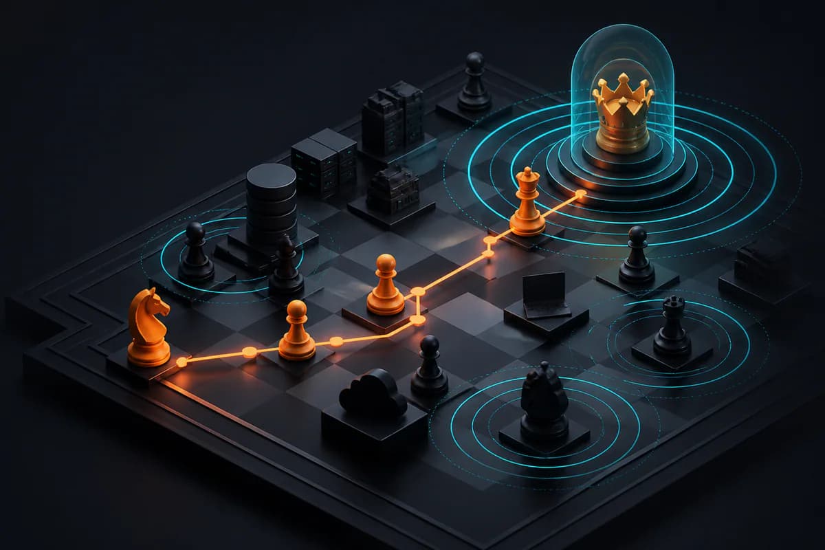 An adversary campaign chains strategic moves across an enterprise defence landscape